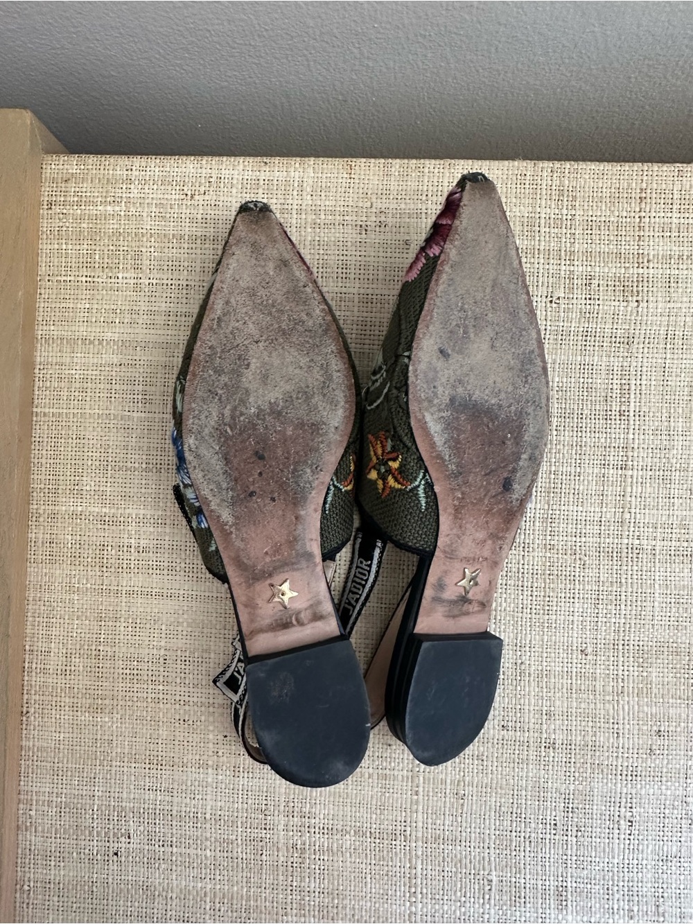 Dior Olive Embroidered Floral Slingback Flats with Pink Blooms - Picture 5 of 8